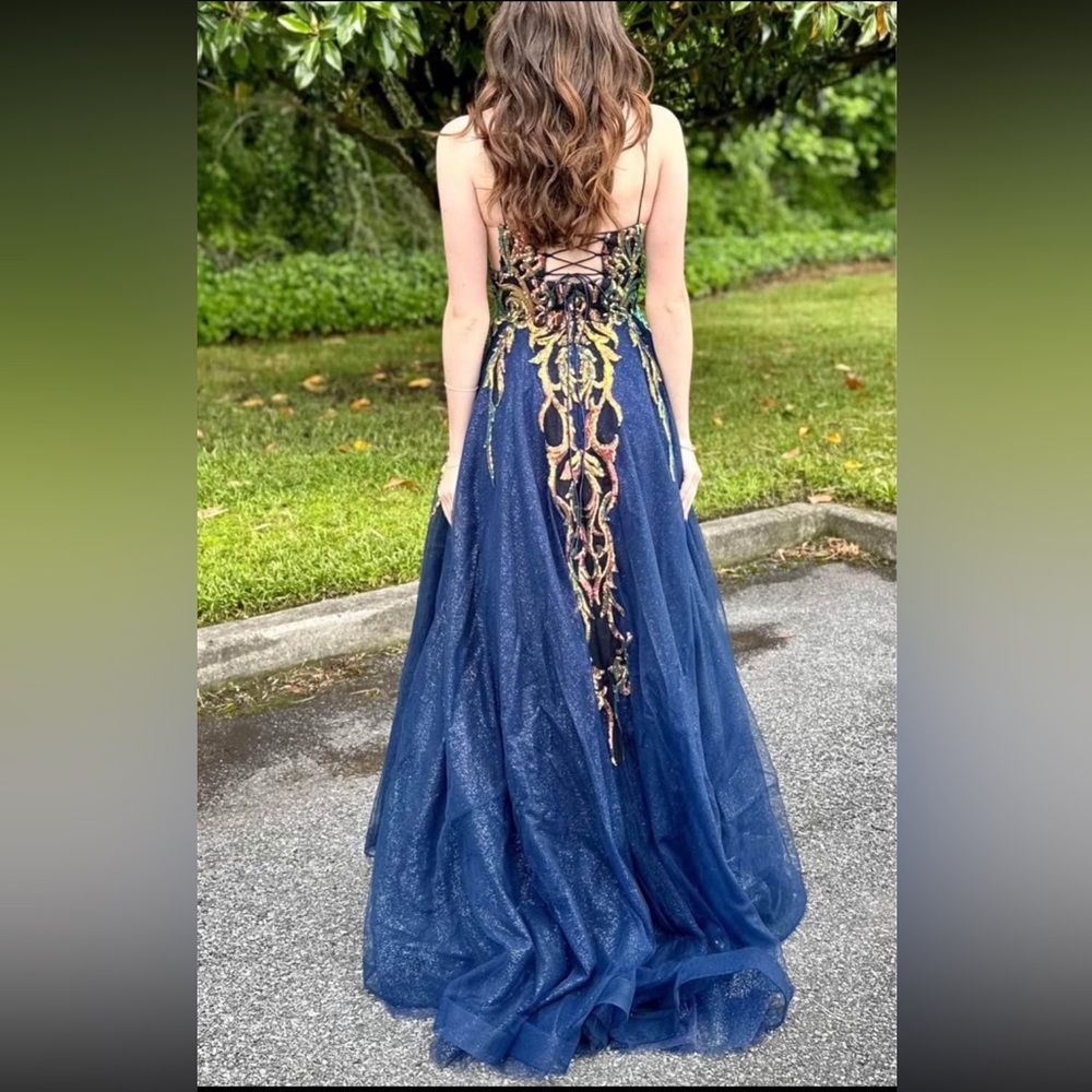 Midnight Blue and Gold Embellished Prom Dress size 2